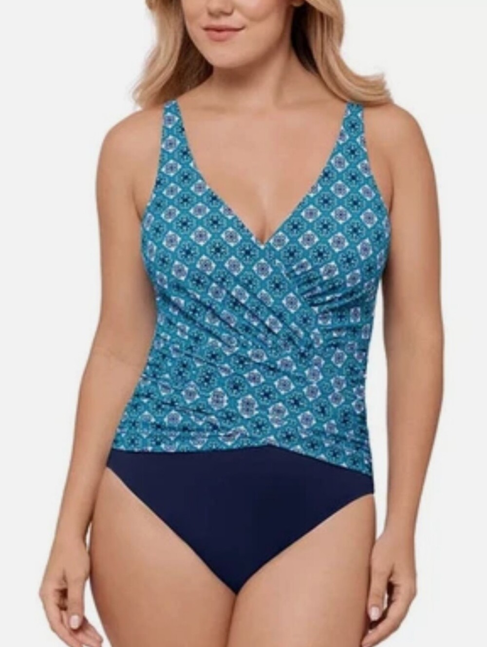 SWIM SOLUTIONS Blue Tile-Print One-Piece Swimsuit Tummy Control Bust Support NWT - Picture 5 of 6
